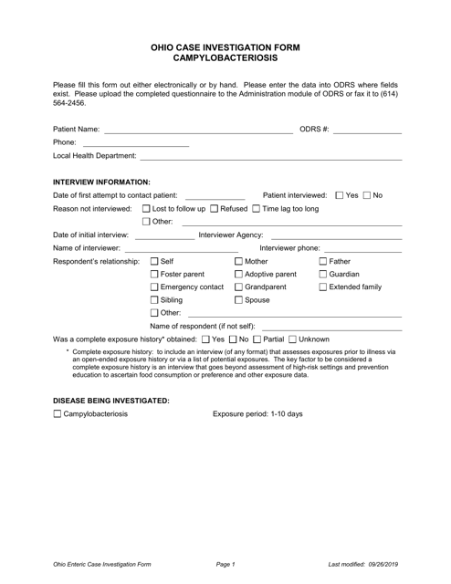 Ohio Case Investigation Form - Campylobacteriosis - Ohio Download Pdf