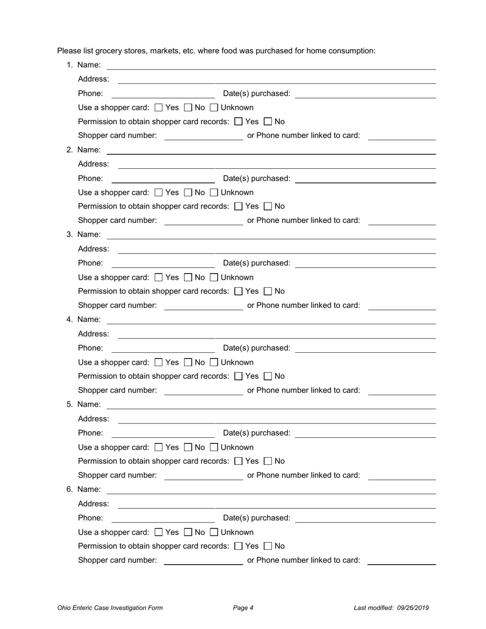 Ohio Case Investigation Form - Campylobacteriosis - Ohio, Page 4