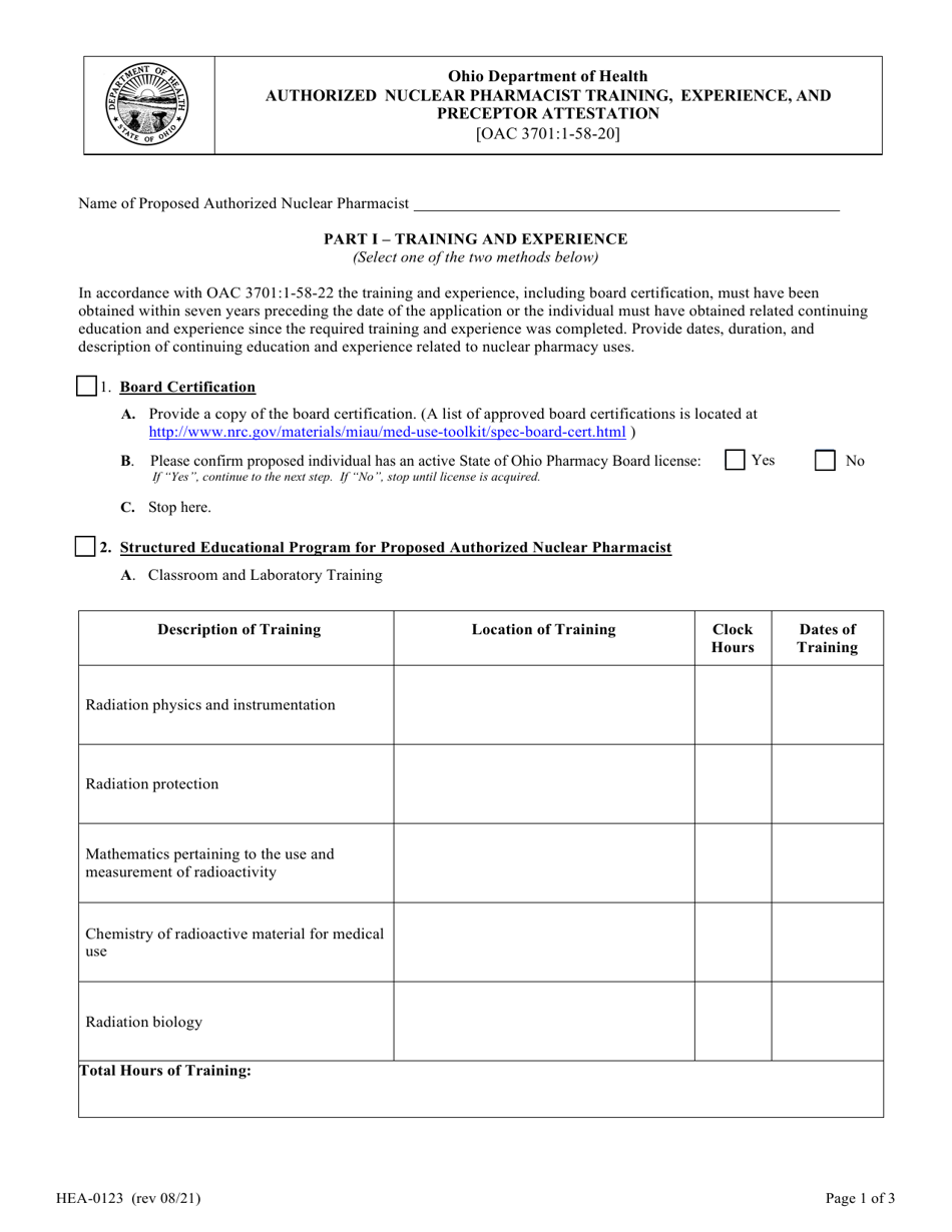 Form HEA0123 Authorized Nuclear Pharmacist Training, Experience, and Preceptor Attestation - Ohio, Page 1