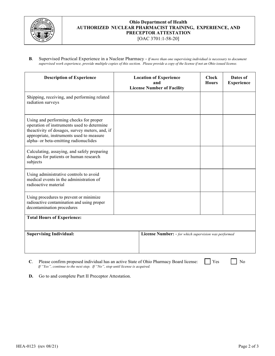 Form HEA0123 Authorized Nuclear Pharmacist Training, Experience, and Preceptor Attestation - Ohio, Page 2