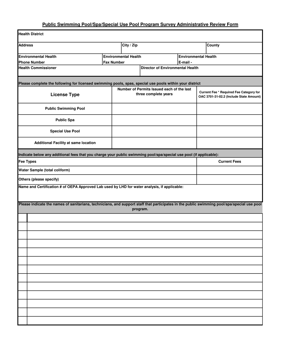 Public Swimming Pool / SPA / Special Use Pool Program Survey Administrative Review Form - Ohio, Page 1