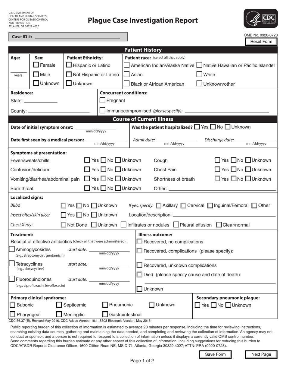 Form CDC56.37 Plague Case Investigation Report, Page 1