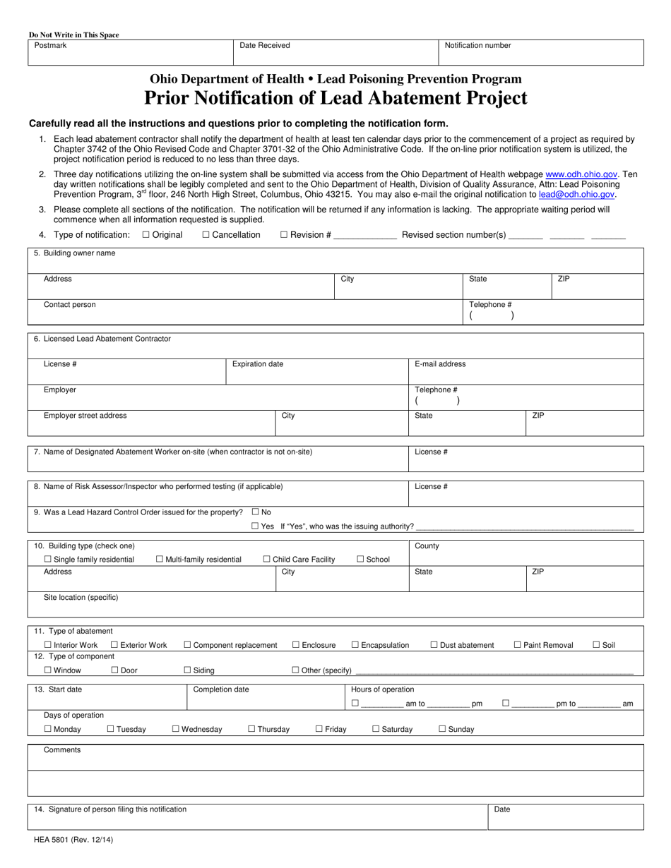 Form HEA5801 Prior Notification of Lead Abatement Project - Ohio, Page 1