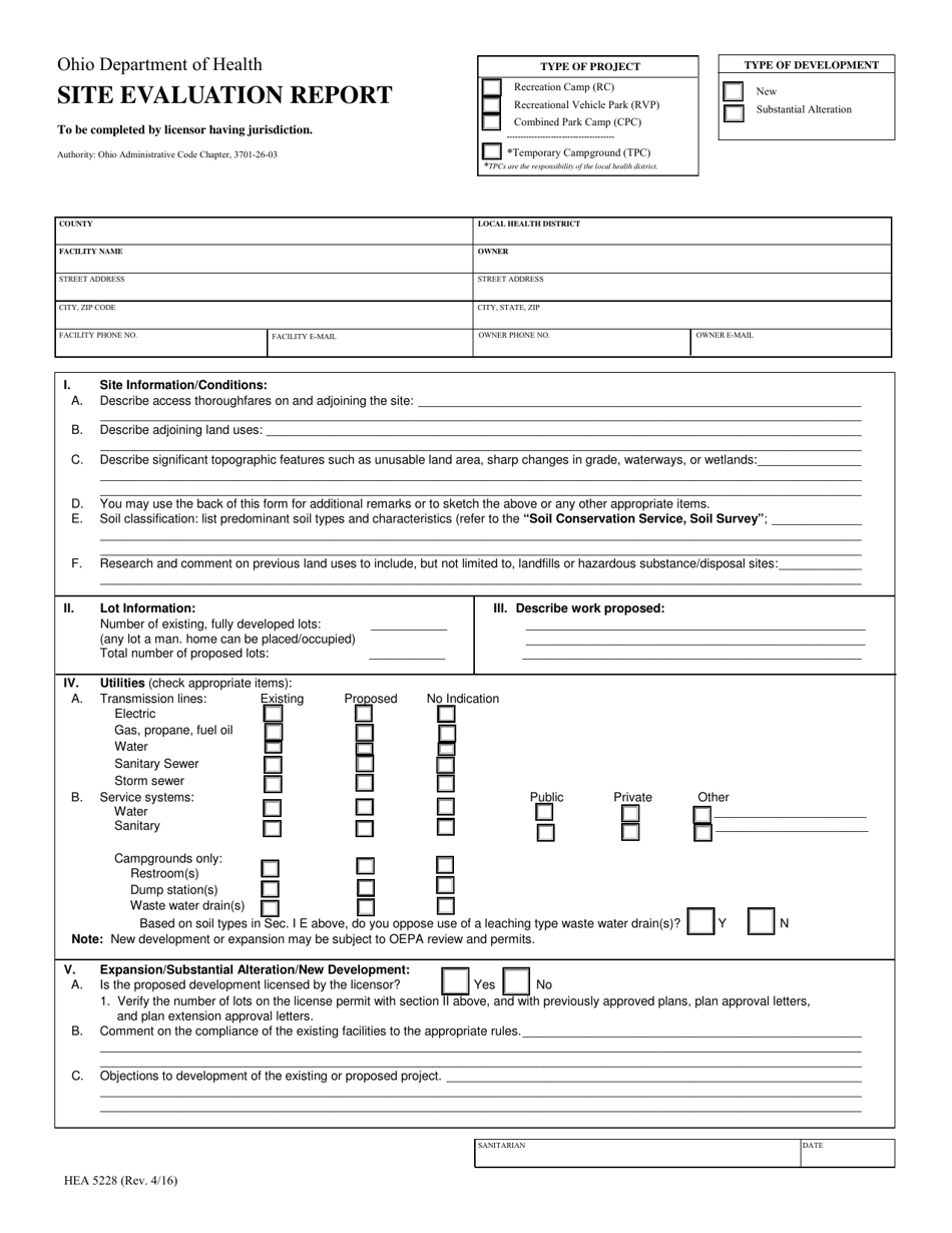 Form HEA5228 Site Evaluation Report - Ohio, Page 1