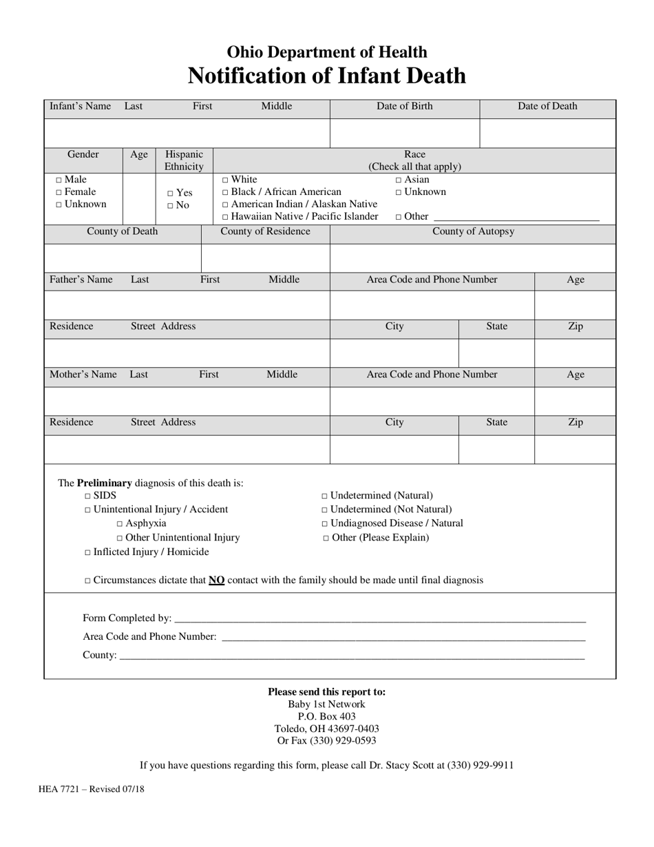 Form HEA7721 Notification of Infant Death - Ohio, Page 1