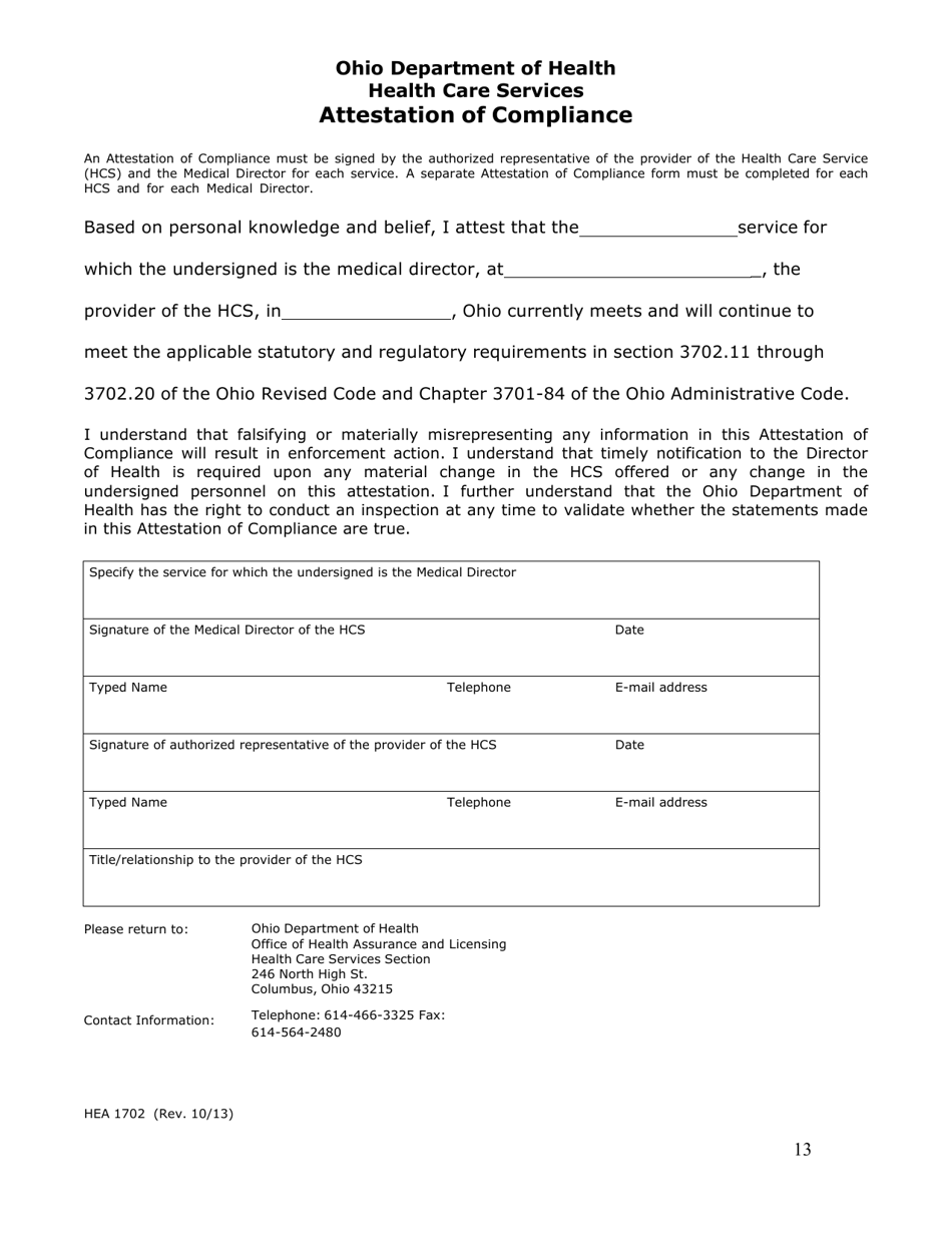 Form HEA1702 Health Care Services Attestation of Compliance - Ohio, Page 1