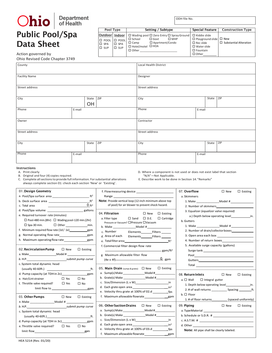 Form HEA5214 Public Pool / SPA Data Sheet - Ohio, Page 1