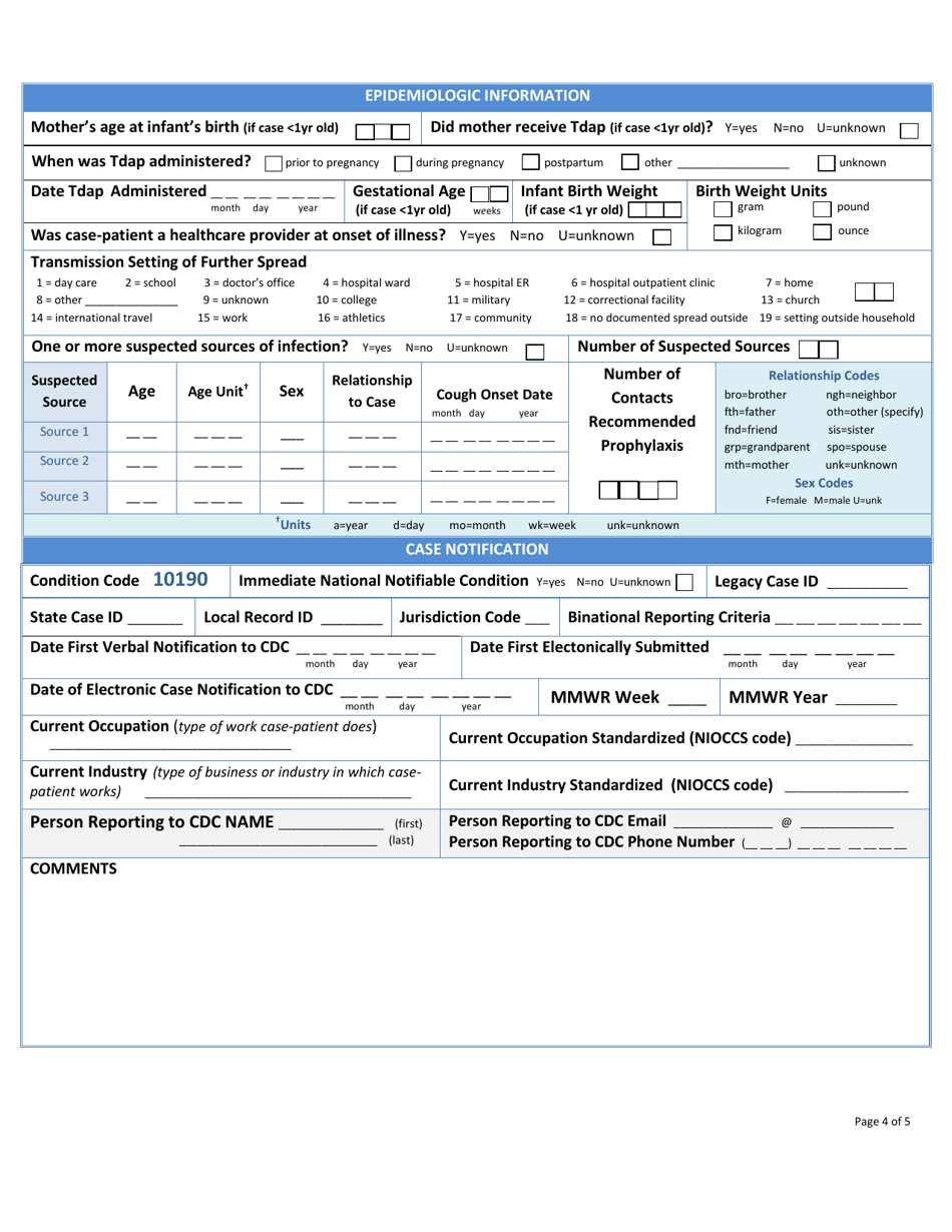 Appendix 11-4 Pertussis Surveillance Worksheet, Page 4