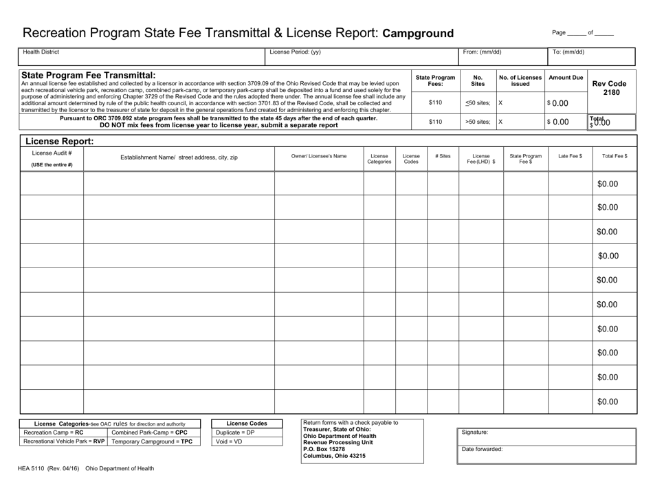 Form HEA5110 Recreation Program State Fee Transmittal and License Report: Campground - Ohio, Page 1