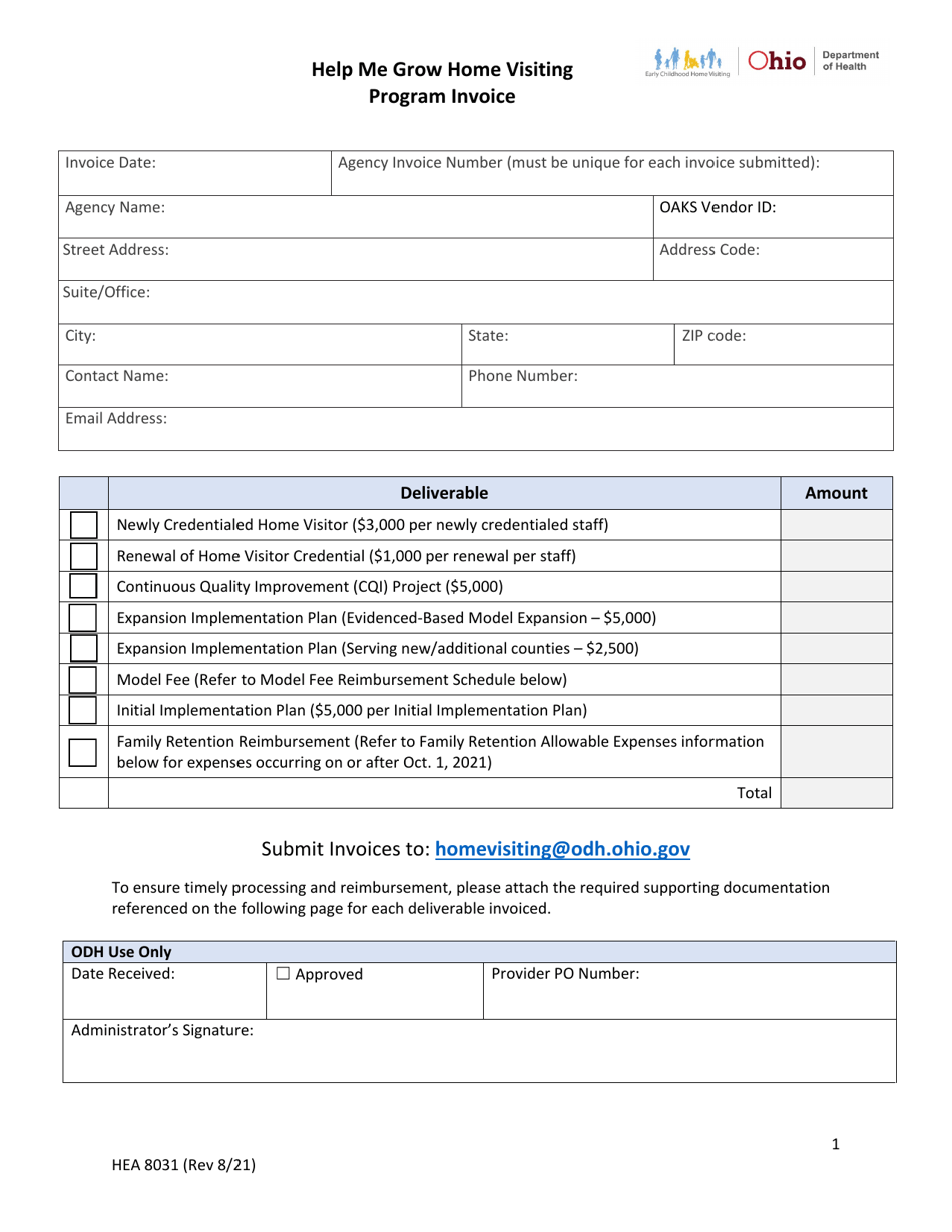 Form HEA8031 Help Me Grow Home Visiting Program Invoice - Ohio, Page 1