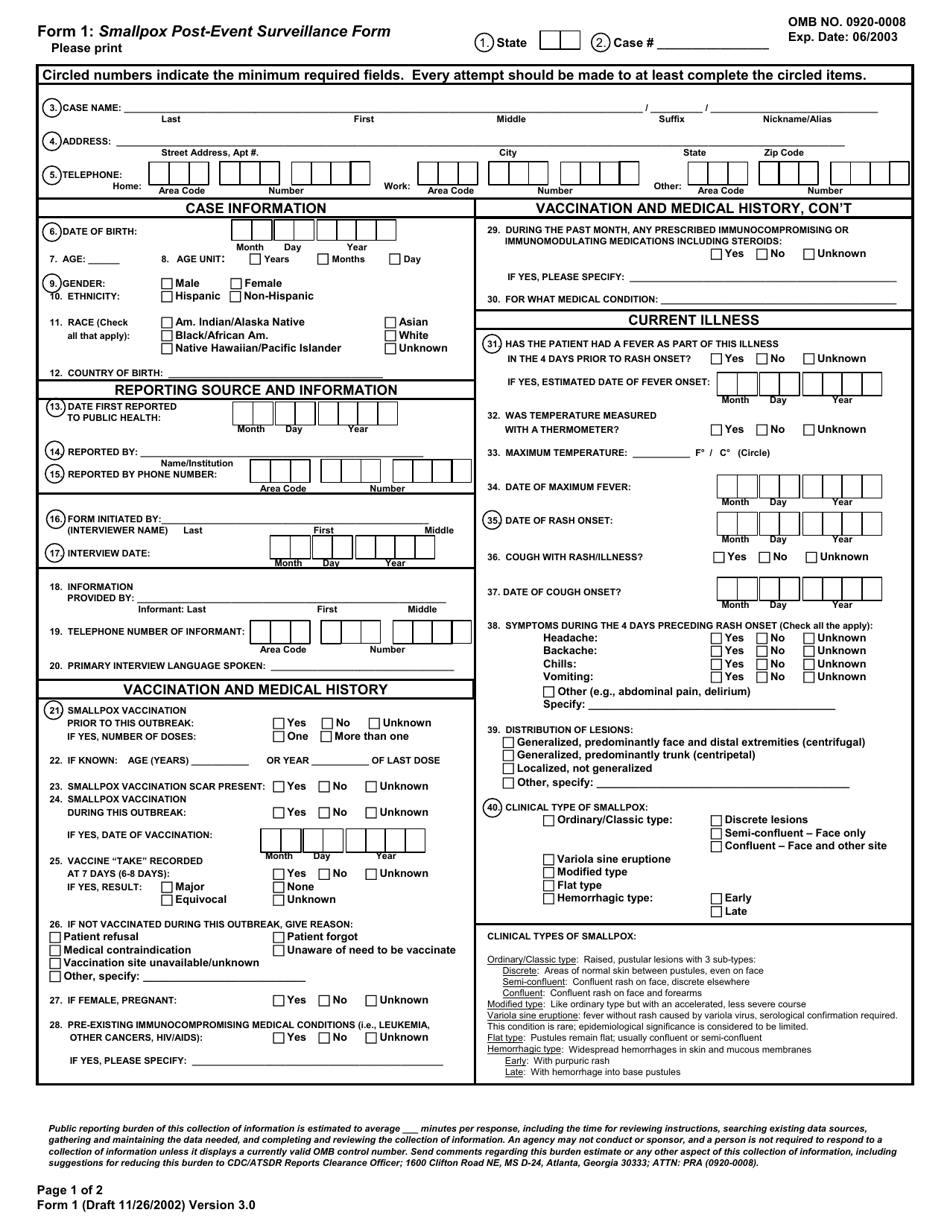 Form 1 Smallpox Post-event Surveillance Form - Ohio, Page 1