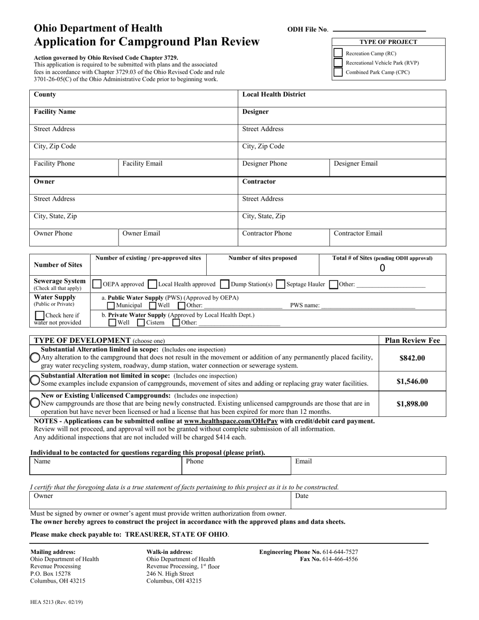 Form HEA5213 Application for Campground Plan Review - Ohio, Page 1