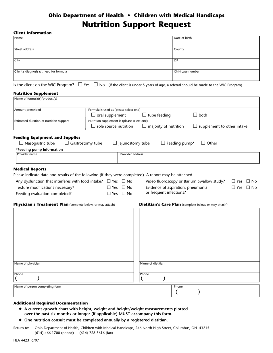 Form HEA4423 Nutrition Support Request - Ohio, Page 1