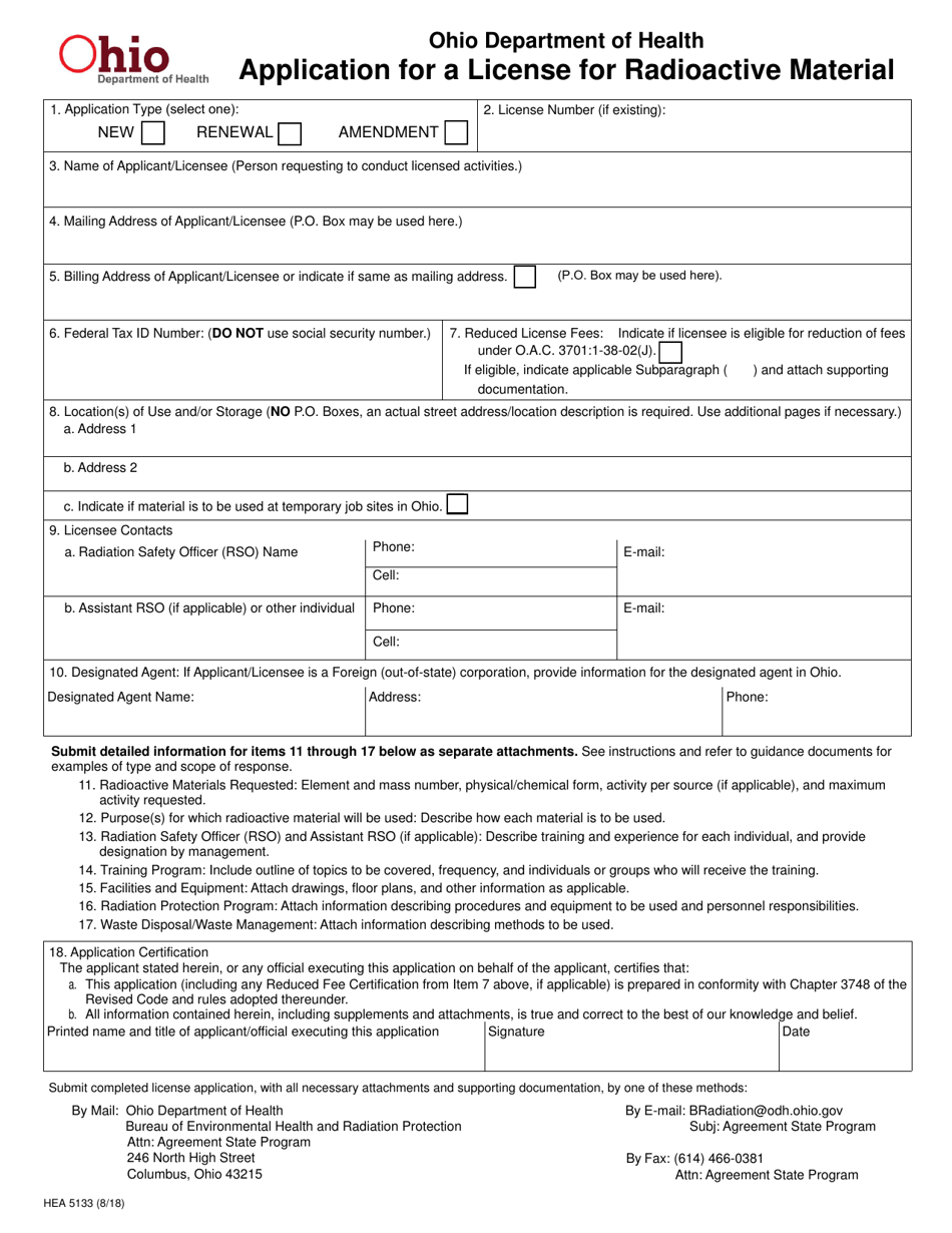 Form HEA5133 Application for a License for Radioactive Material - Ohio, Page 1