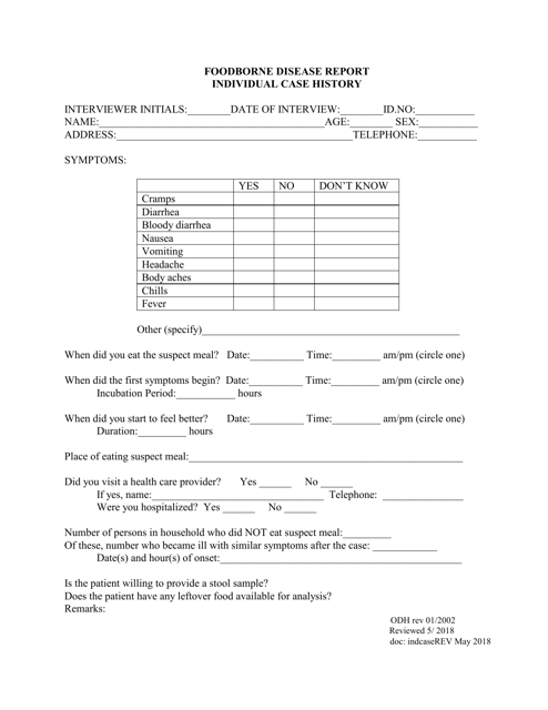 Foodborne Disease Report - Individual Case History - Ohio