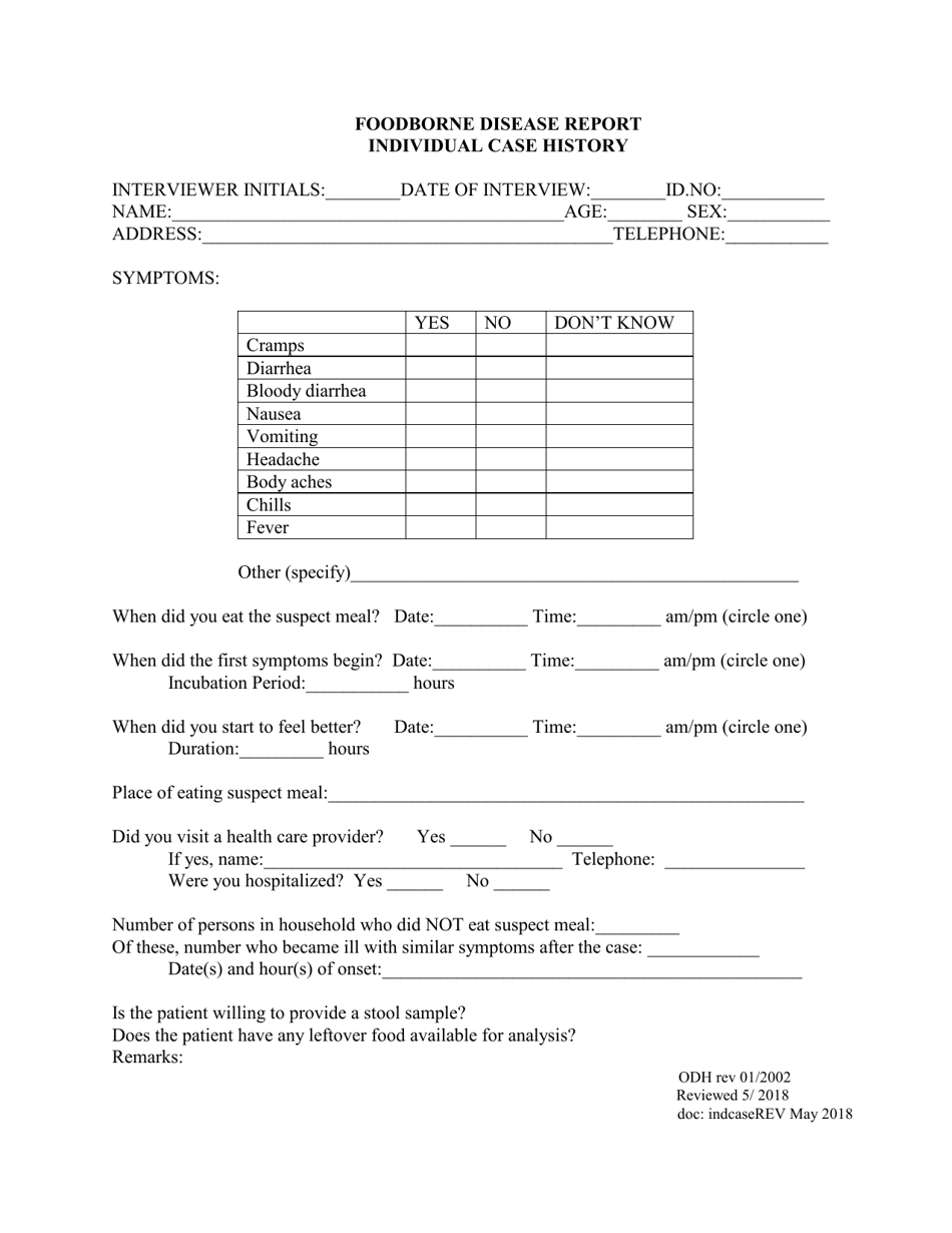 Foodborne Disease Report - Individual Case History - Ohio, Page 1