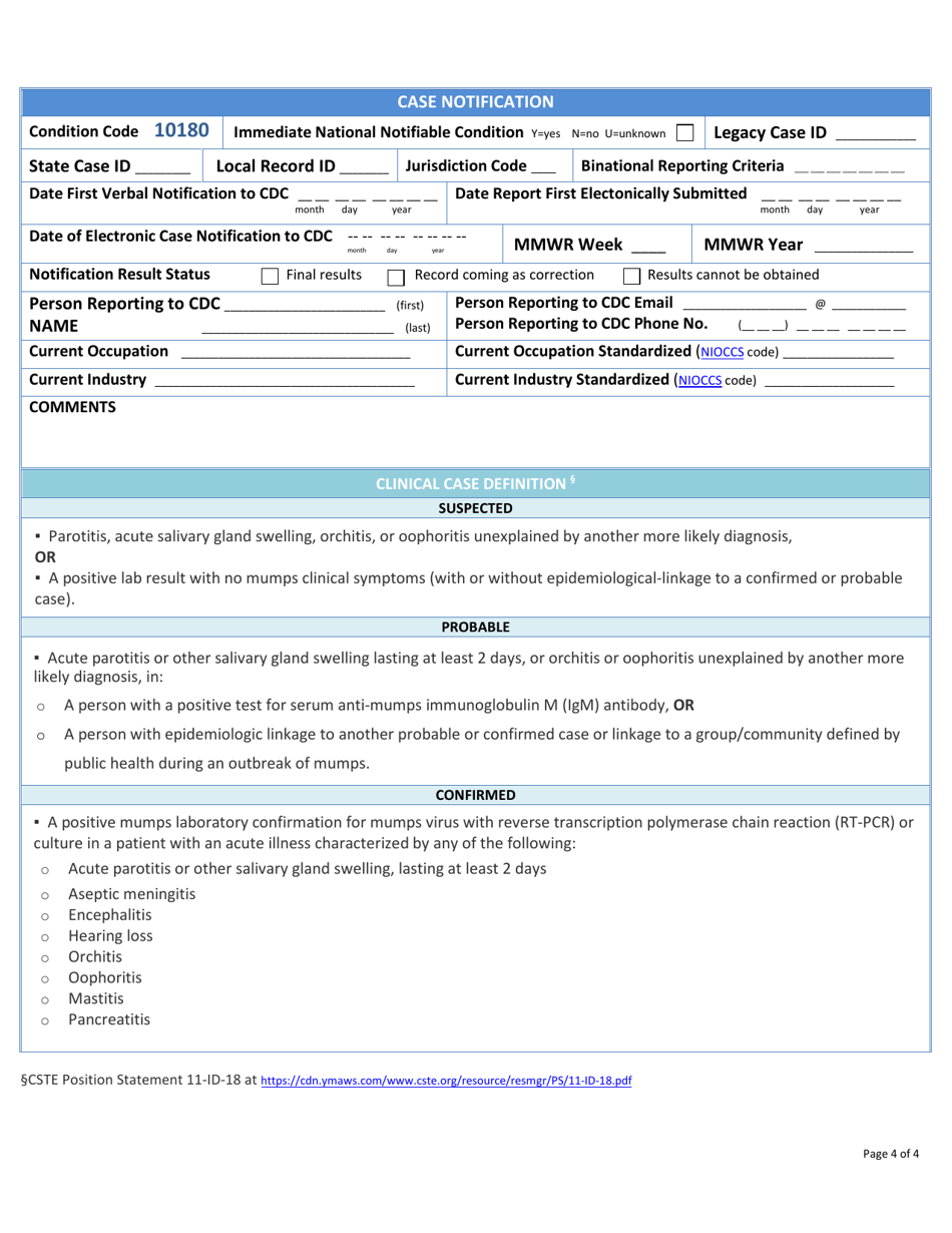 Appendix 10-4 Mumps Surveillance Worksheet, Page 4