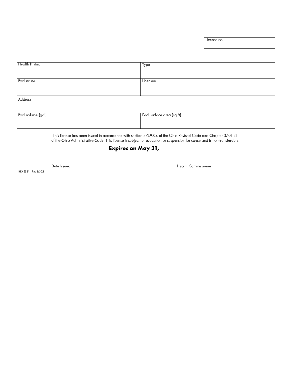 Form HEA5324 Public Swimming Pool License Template - Ohio, Page 1