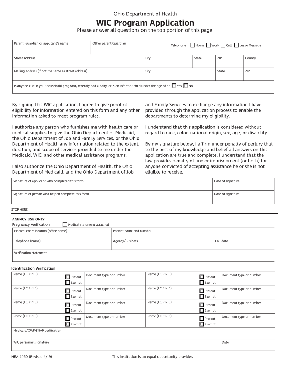 Form HEA4460 Wic Program Application - Ohio, Page 1