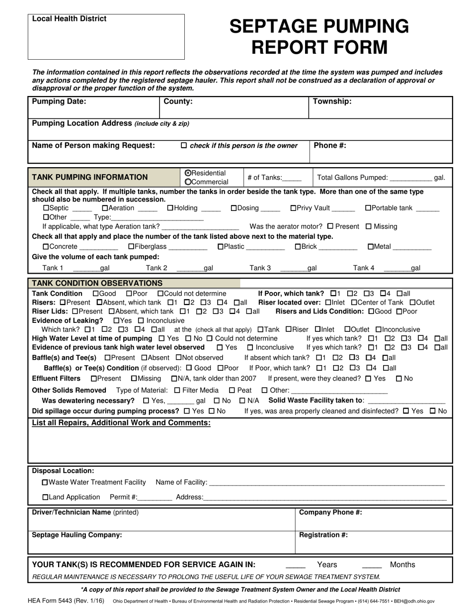 HEA Form 5443 Septage Pumping Report Form - Ohio, Page 1