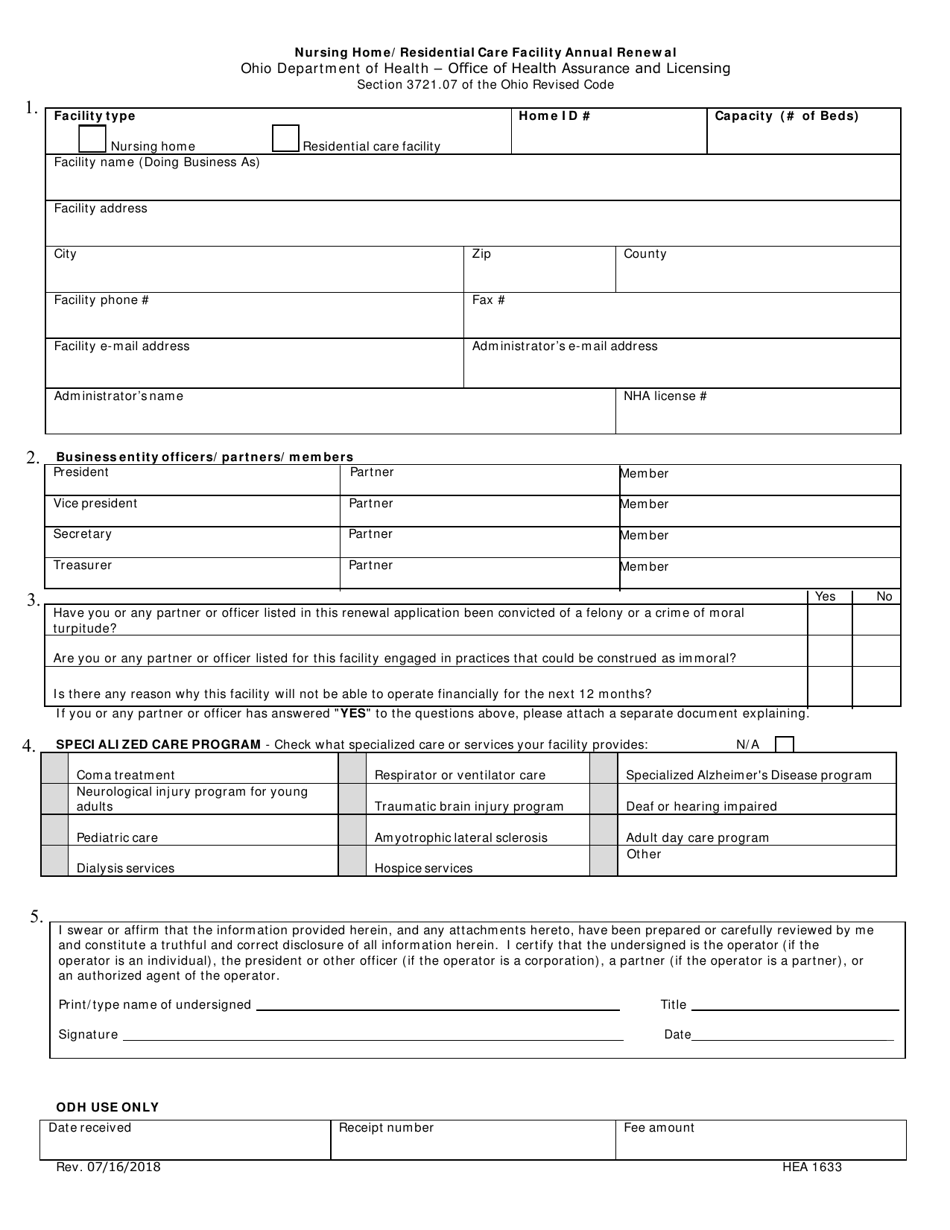 Form HEA1633 Nursing Home/Residential Care Facility Annual Renewal - Ohio, Page 1
