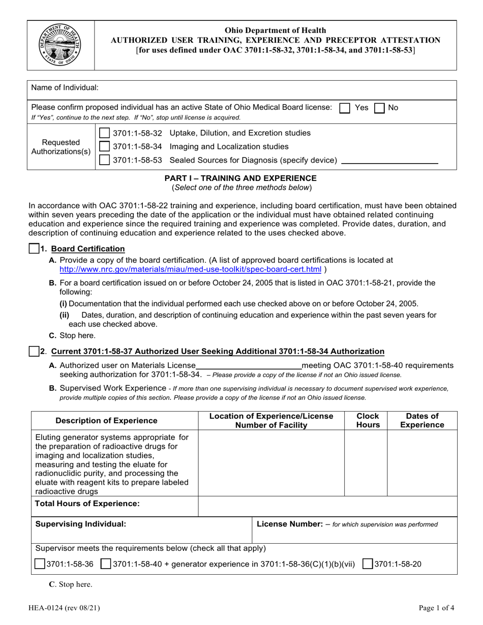 Form HEA0124 Authorized User Training, Experience and Preceptor Attestation - Ohio, Page 1