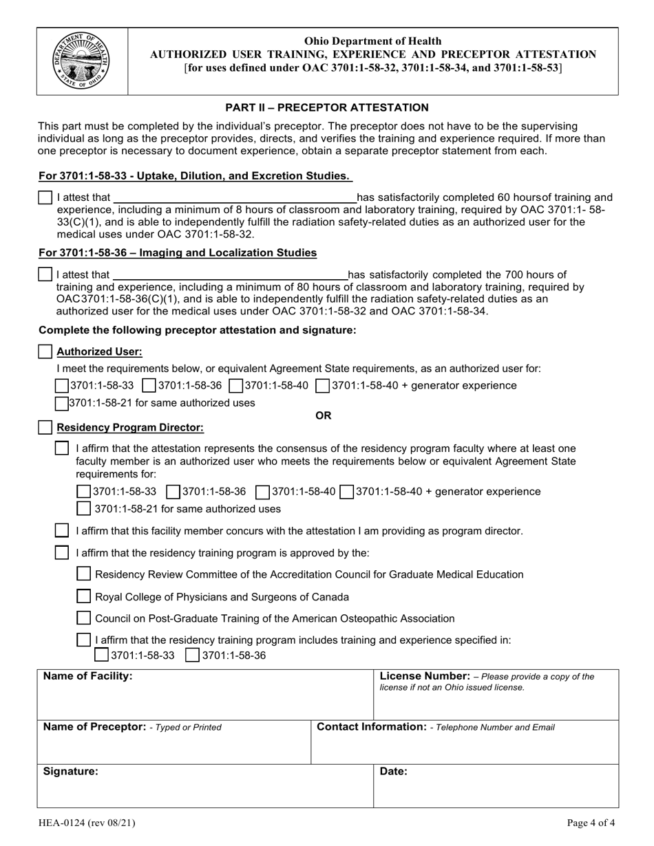 Form HEA0124 Authorized User Training, Experience and Preceptor Attestation - Ohio, Page 4