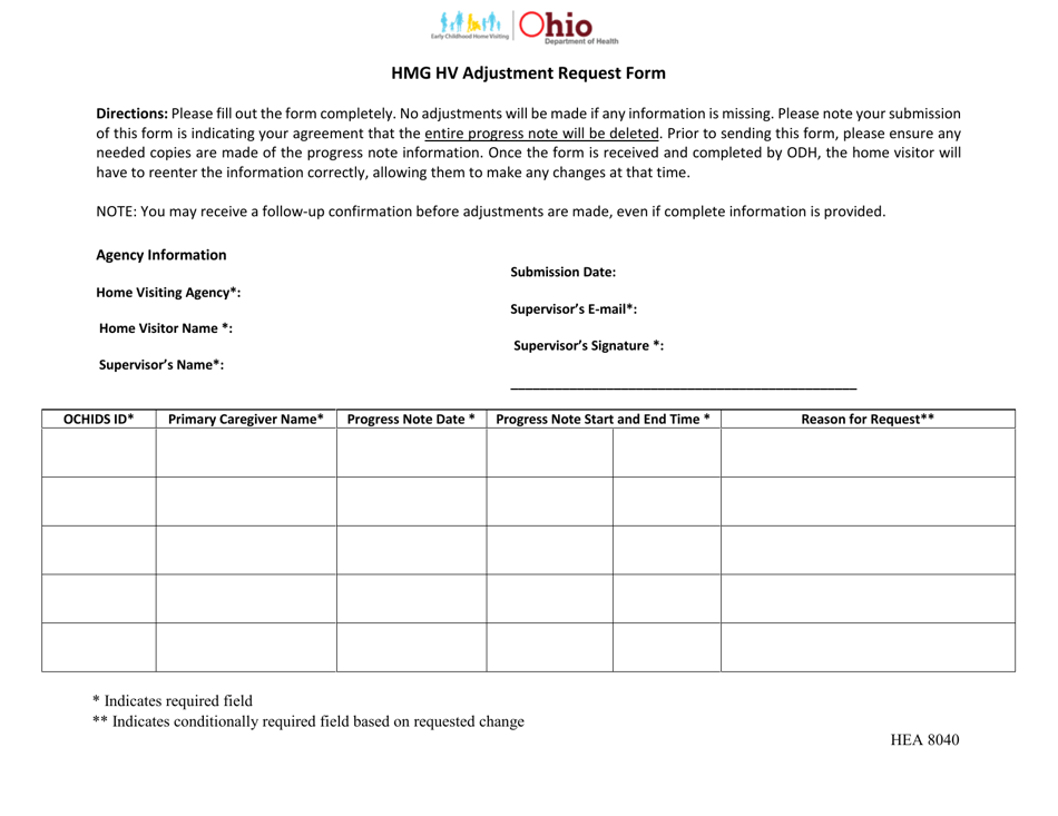 Form HEA8040 Claims Adjustment Request Form - Ohio, Page 1