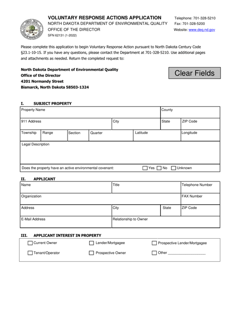 Form SFN62131 Voluntary Response Actions Application - North Dakota