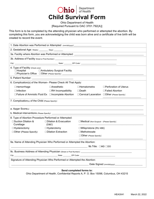 Form HEA3041 Child Survival Form - Ohio