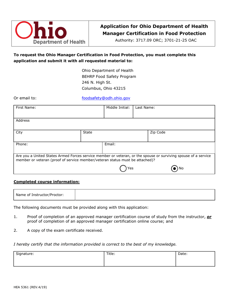 Form HEA5361 Application for Manager Certification in Food Protection - Ohio, Page 1
