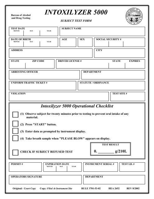 Form HEA2652 Intoxilyzer 5000 Subject Test Form - Ohio