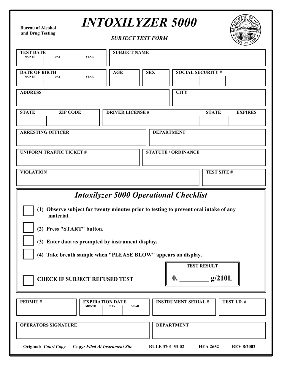 Form HEA2652 Intoxilyzer 5000 Subject Test Form - Ohio, Page 1