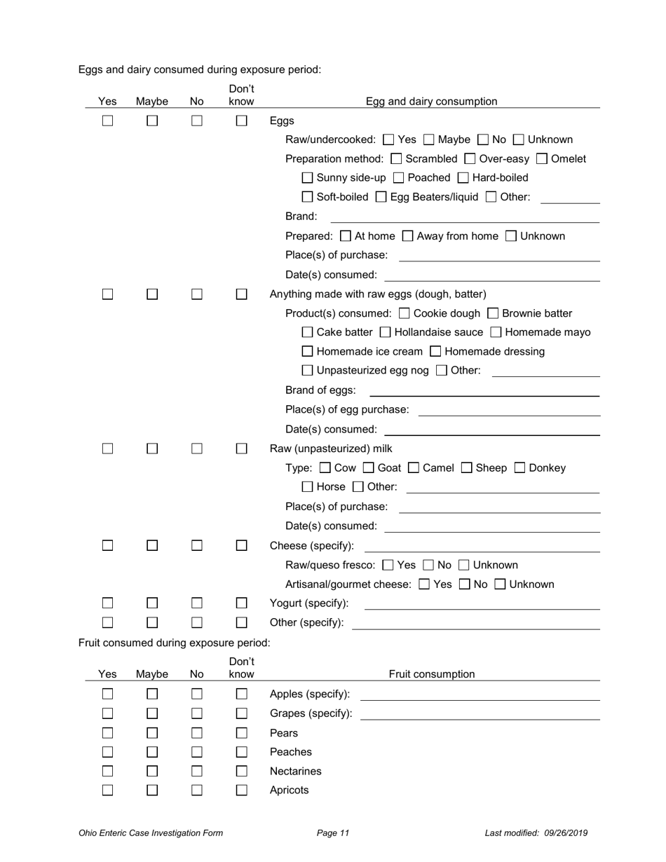 Ohio Case Investigation Form - Amebiasis, Giardiasis, Salmonellosis  Shiga Toxin-Producing E. Coli - Ohio, Page 11
