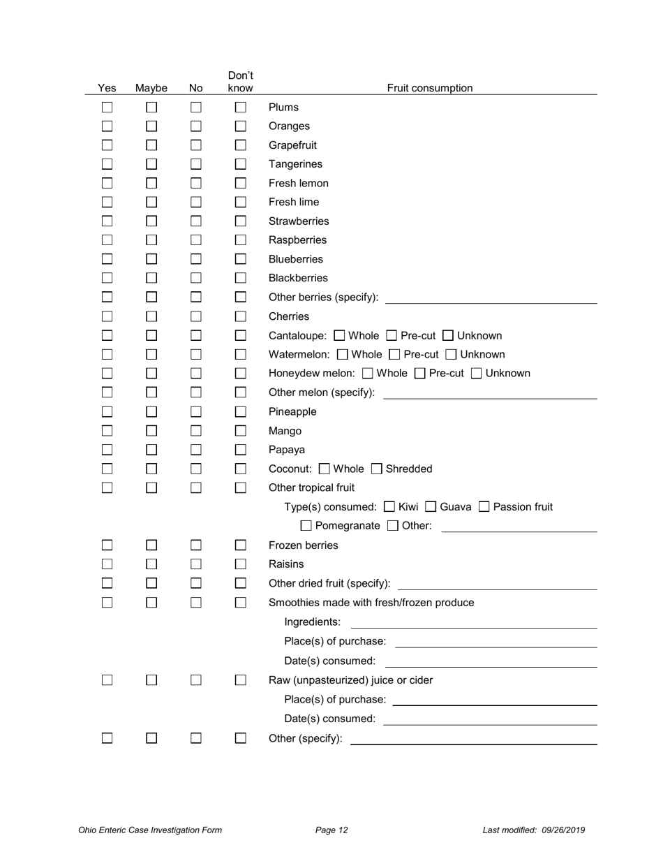 Ohio Case Investigation Form - Amebiasis, Giardiasis, Salmonellosis  Shiga Toxin-Producing E. Coli - Ohio, Page 12