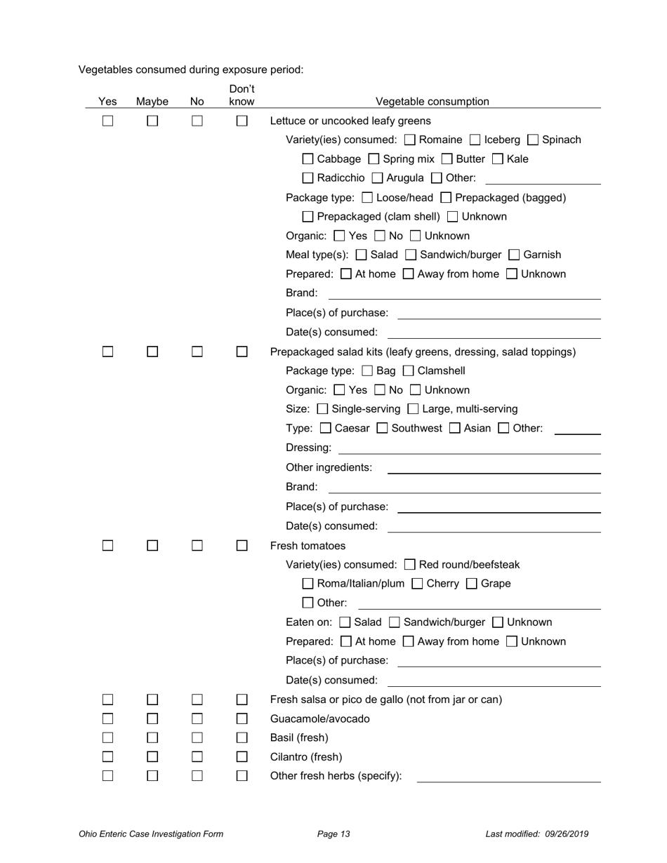 Ohio Case Investigation Form - Amebiasis, Giardiasis, Salmonellosis  Shiga Toxin-Producing E. Coli - Ohio, Page 13