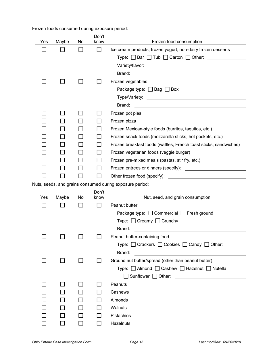 Ohio Case Investigation Form - Amebiasis, Giardiasis, Salmonellosis  Shiga Toxin-Producing E. Coli - Ohio, Page 15