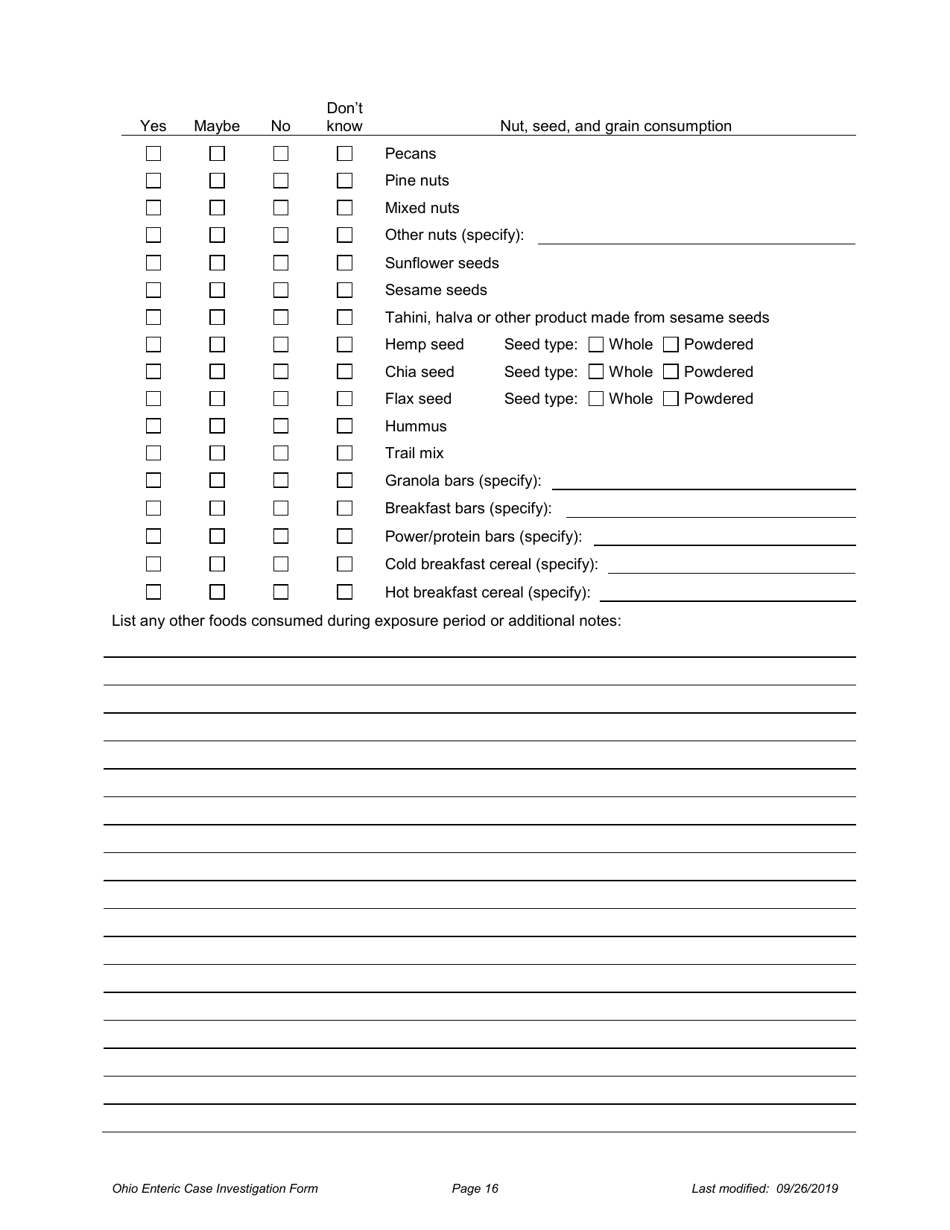 Ohio Case Investigation Form - Amebiasis, Giardiasis, Salmonellosis  Shiga Toxin-Producing E. Coli - Ohio, Page 16