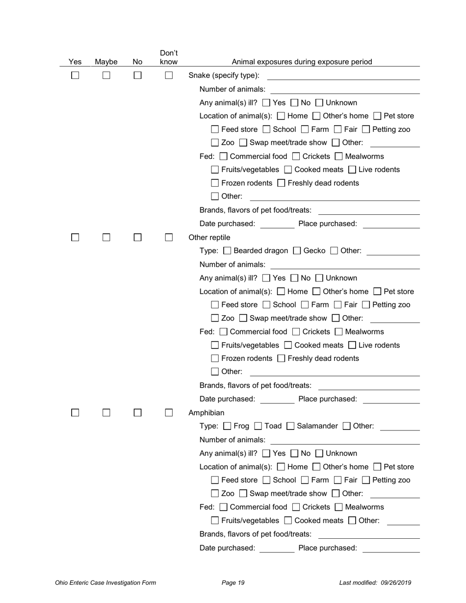 Ohio Case Investigation Form - Amebiasis, Giardiasis, Salmonellosis  Shiga Toxin-Producing E. Coli - Ohio, Page 19