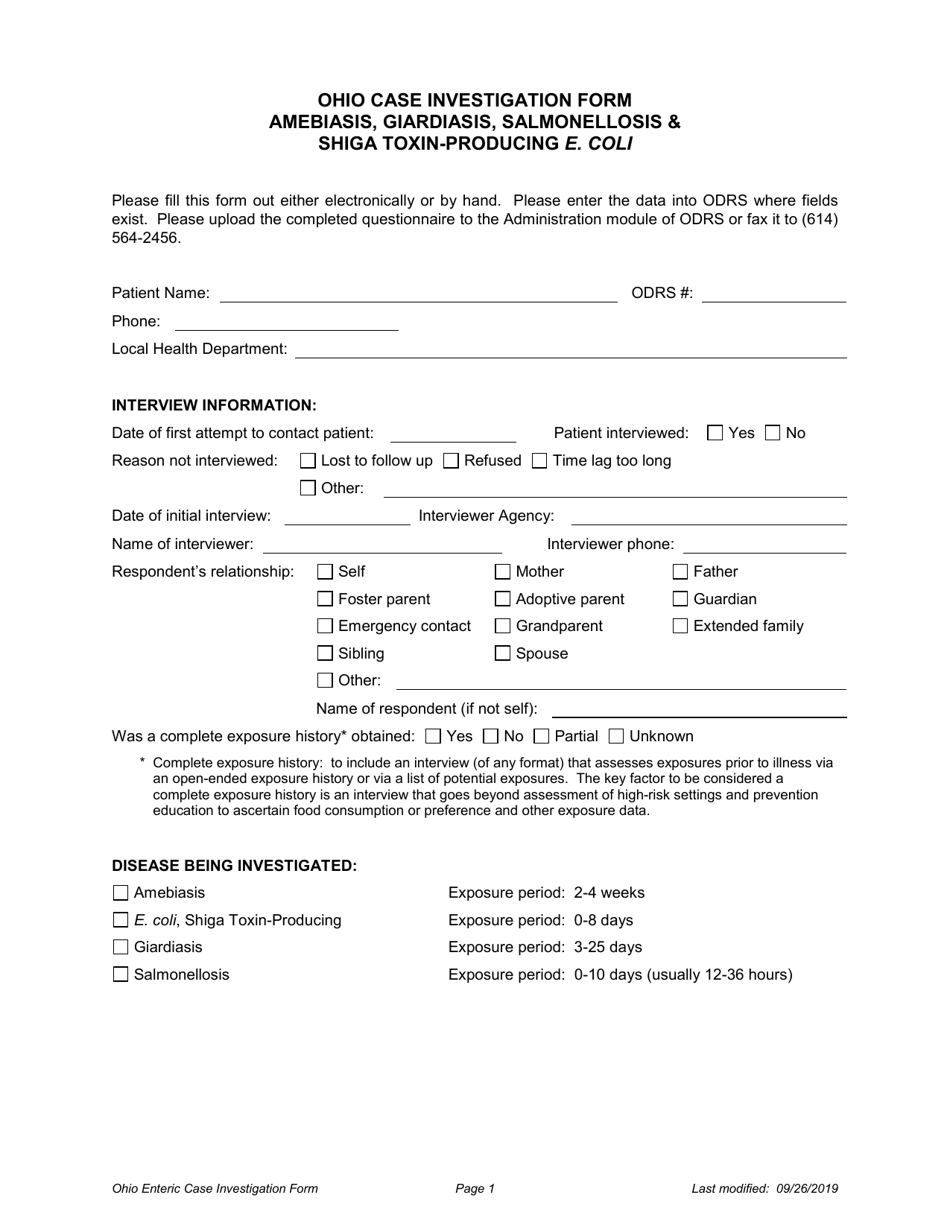 Ohio Case Investigation Form - Amebiasis, Giardiasis, Salmonellosis  Shiga Toxin-Producing E. Coli - Ohio, Page 1