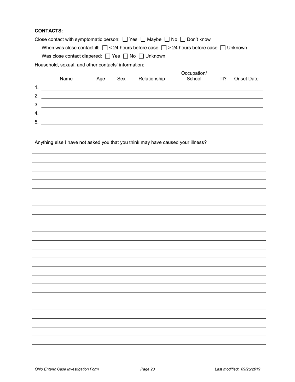 Ohio Case Investigation Form - Amebiasis, Giardiasis, Salmonellosis  Shiga Toxin-Producing E. Coli - Ohio, Page 23