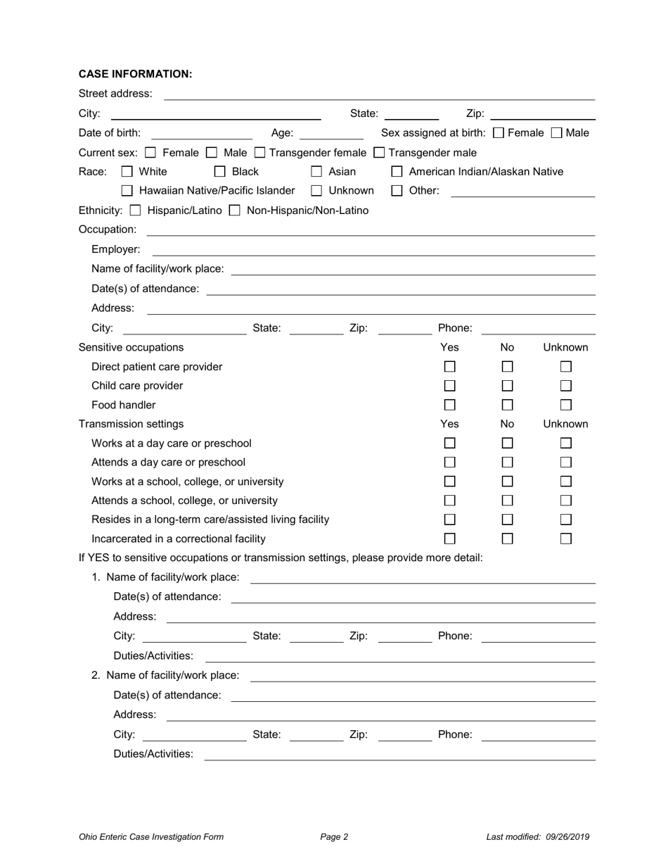 Ohio Case Investigation Form - Amebiasis, Giardiasis, Salmonellosis  Shiga Toxin-Producing E. Coli - Ohio, Page 2