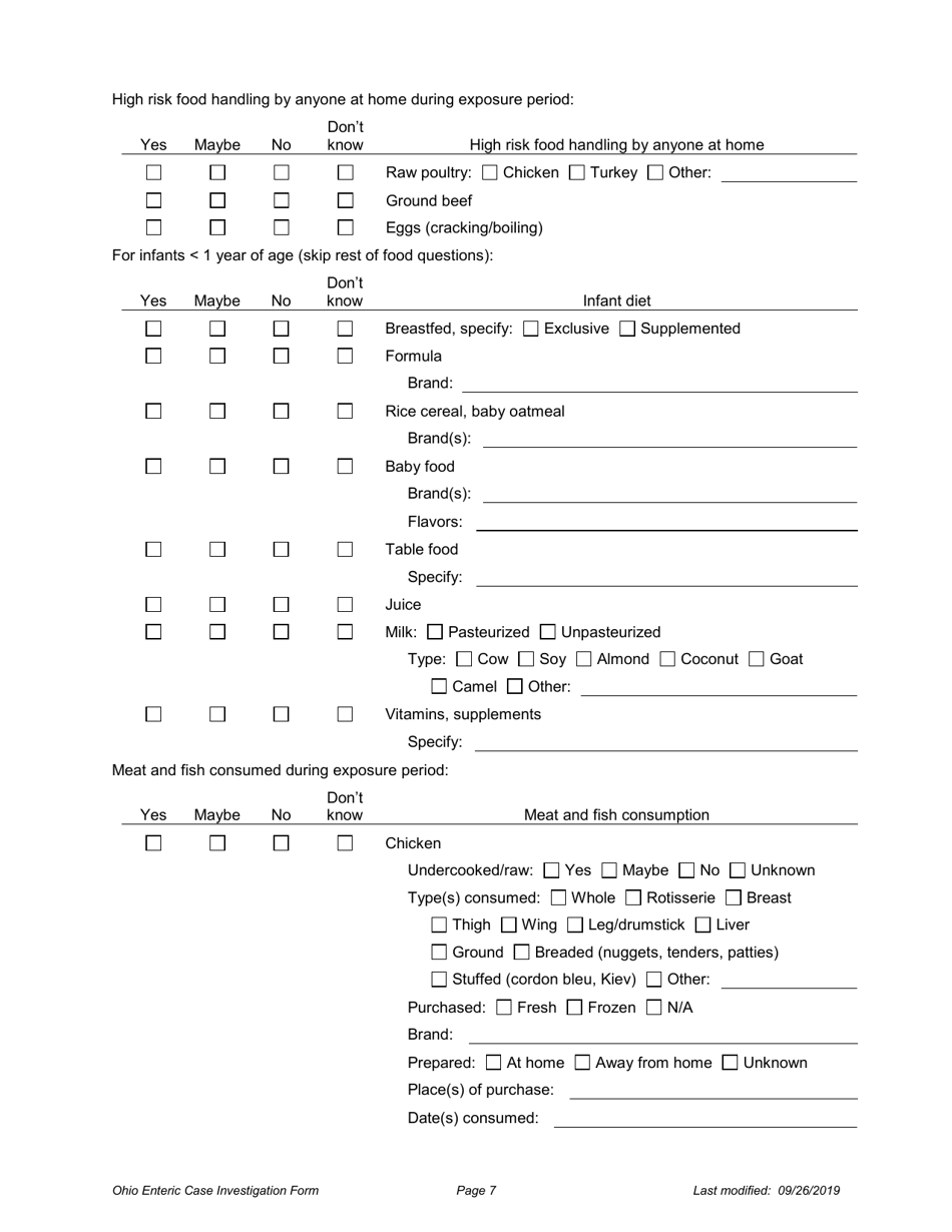 Ohio Case Investigation Form - Amebiasis, Giardiasis, Salmonellosis  Shiga Toxin-Producing E. Coli - Ohio, Page 7