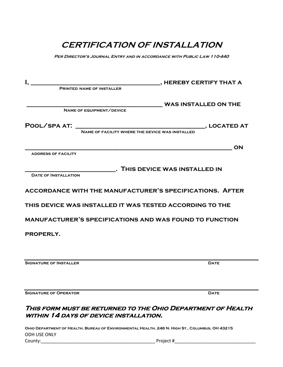 Certification of Installation - Safety Vacuum Release System - Ohio, Page 1