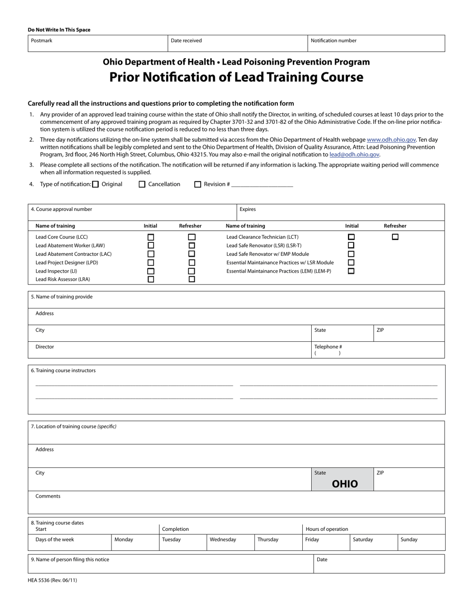 Form HEA5536 Prior Notification of Lead Training Course - Lead Poisoning Prevention Program - Ohio, Page 1