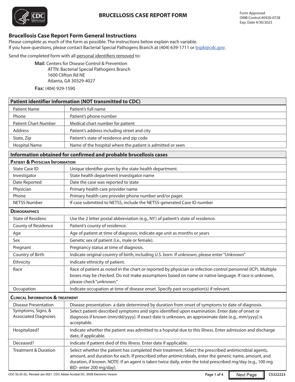 Form CDC52.25 Brucellosis Case Report Form, Page 1