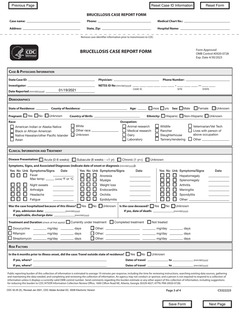 Form CDC52.25 Brucellosis Case Report Form, Page 3