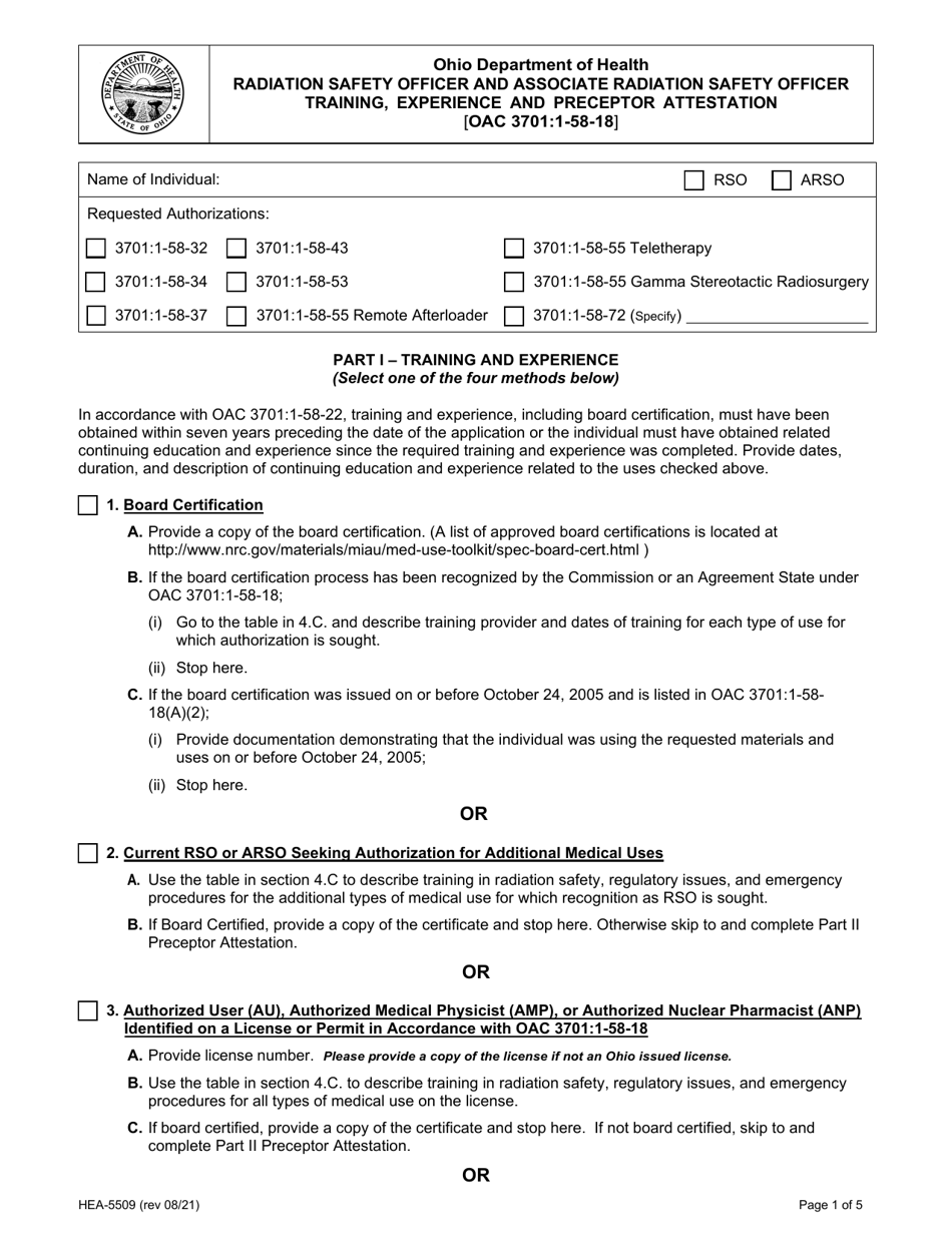 Form HEA5509 Radiation Safety Officer and Associate Radiation Safety Officer Training, Experience and Preceptor Attestation - Ohio, Page 1