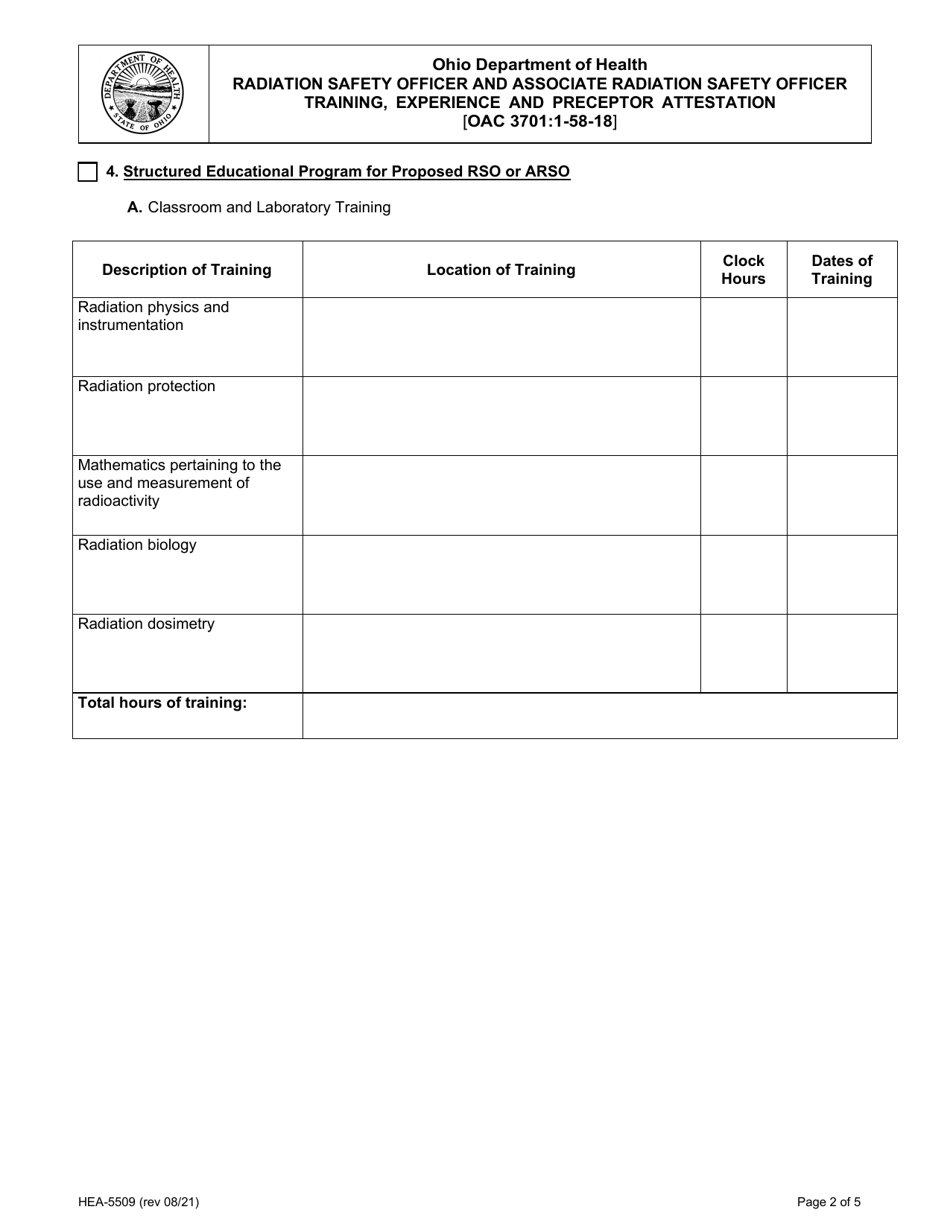 Form HEA5509 Radiation Safety Officer and Associate Radiation Safety Officer Training, Experience and Preceptor Attestation - Ohio, Page 2