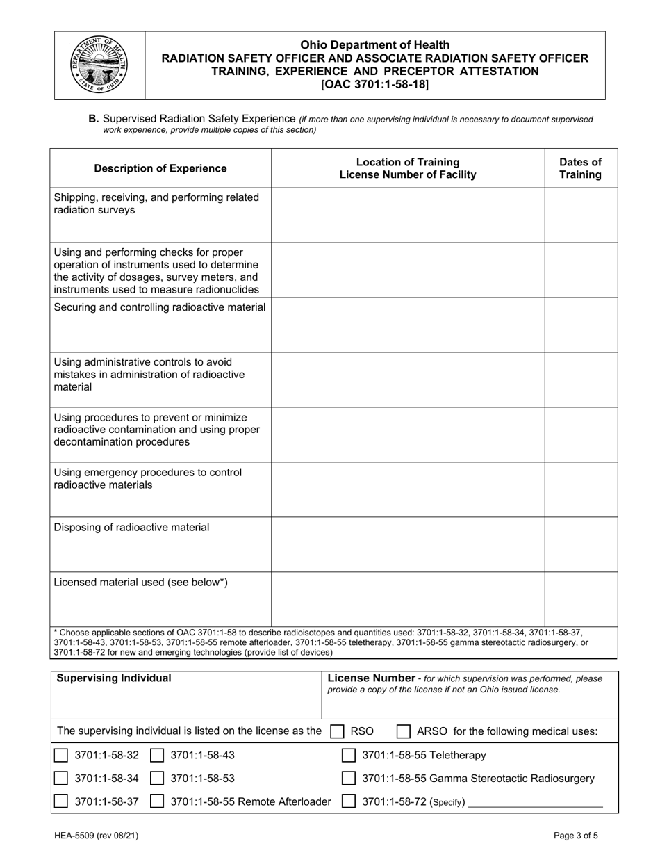 Form HEA5509 Radiation Safety Officer and Associate Radiation Safety Officer Training, Experience and Preceptor Attestation - Ohio, Page 3